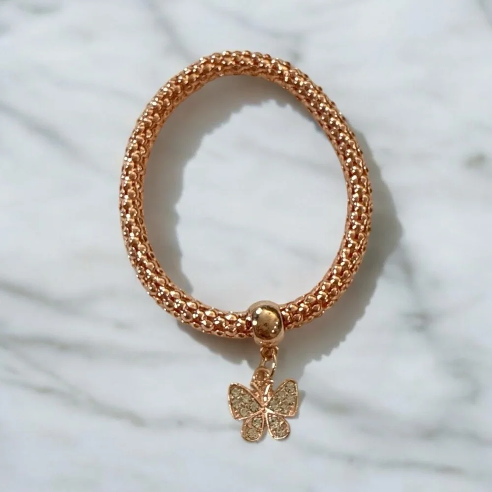 Elegant Stretch Bracelet Set - Rose Gold & Silver Butterfly‎ Charms